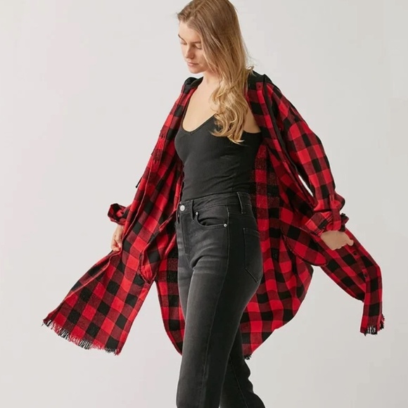 RISEN LOS ANGELES RED & BLACK LONG HOODED FLANNEL SHACKET - Picture 1 of 8